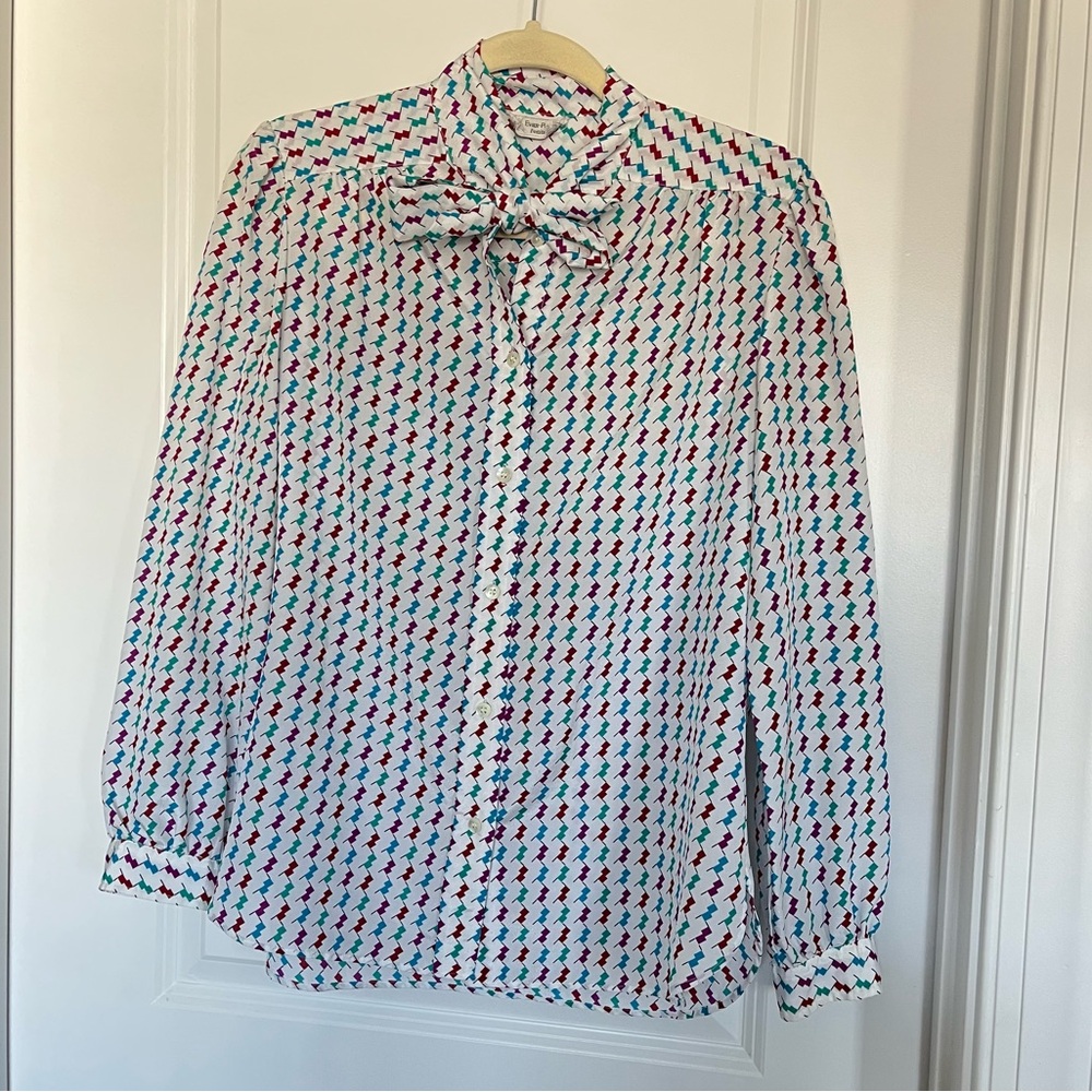 Vintage 1980s Evan Picone Geometric Tie Neck Long Sleeve Blouse, Geometric Print
